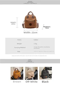 Size chart for canvas crossbody bag showing 22x24x15cm dimensions and color options
