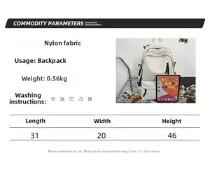 Detailed size chart for the white nylon backpack with 31x20x46cm dimensions and features