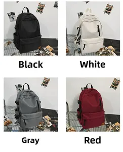Grid view of minimalist nylon backpacks in black, white, gray, and red with side buckles