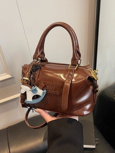 Fashion Women Boston Handbag Vintage Letter Embossed PU Leather Crossbody Bag With Horse Pendant Glossy Shoulder Bag