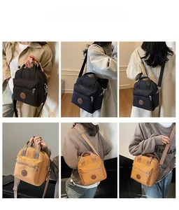Multi-angle view of nylon mini crossbody bags in black and yellow on a model