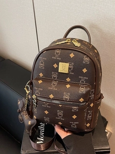 Women's Fashion Mini Backpack PU Leather Teddy Bear Print Monogram Design Gold Hardware Travel School Daypack With Bear Pendant