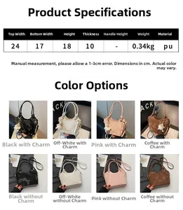 Size chart showing PU leather bucket bag dimensions and multiple color options