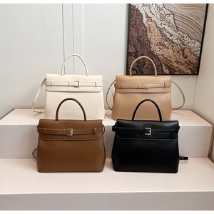 Collection of four elegant leather tote bags in beige, almond, brown, and black colors