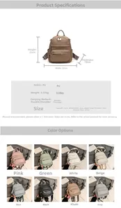 Detail view of mini PU leather backpacks in various colors with dimension measurements