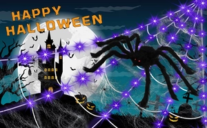 Giant black plush spider on purple LED glowing triangular web for Halloween yard decor