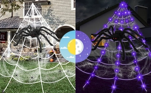 Giant Halloween spider and purple LED light-up web with day and night display