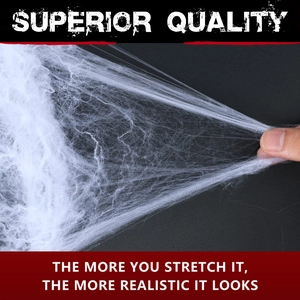 Detail of white stretchable cobweb for Halloween decor showing its realistic fiber texture