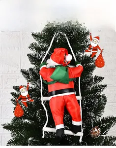Detail of Santa Claus climbing a rope ladder with a green gift bag for Christmas decor