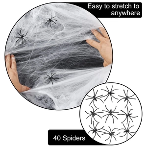 Elastic white Halloween spider web with forty black plastic spiders for party decor