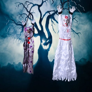 Halloween hanging ghost props with creepy clown and nurse figures for haunted house decor