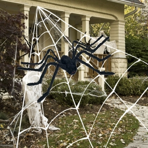 Giant black hairy spider on a large white web for outdoor Halloween decoration