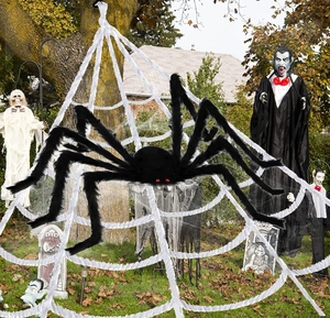 Ragno nero gigante con occhi rossi su grande ragnatela bianca decorazione Halloween