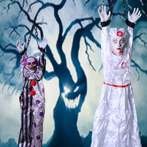 Creepy clown and zombie nurse hanging decorations with chains for Halloween party props