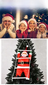 Close-up of Santa Claus climbing a three-step ladder for festive Christmas tree decor