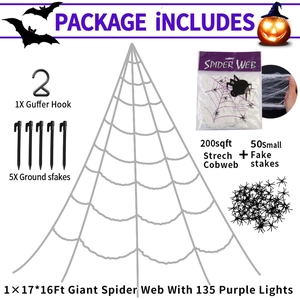 Detail list of 17x16ft giant Halloween spider web with 135 purple LED lights and accessories