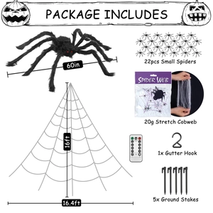 Detailed components of giant Halloween spider web kit with 60 inch plush spider