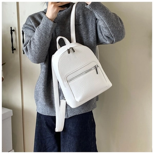 Close-up of white lychee grain mini backpack showing texture and dual zipper details