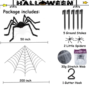 50-inch plush spider and 200-inch web set with stakes and hooks for Halloween decor