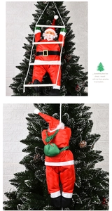 Detail of hanging Santa Claus on a white rope ladder with green gift bag for Christmas tree