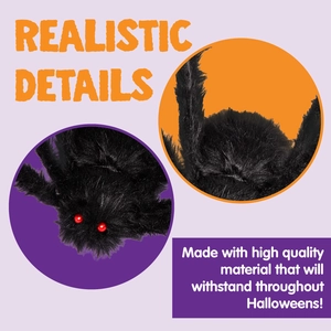 Primo piano del ragno di peluche di Halloween con pelliccia nera e occhi rossi vivaci