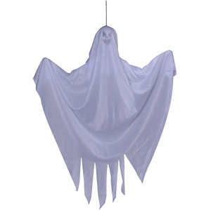 Hanging white ghost Halloween decoration with spooky face and jagged hem for party props