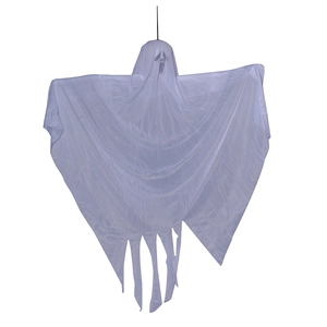 Macro detail of white mesh fabric and spooky face on Halloween hanging ghost decoration