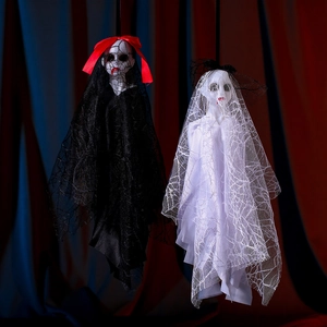 Ghost bride hanging decorations with lace robes and spooky makeup for Halloween parties