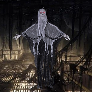 Hanging Halloween skeleton ghost with glowing red eyes and realistic plastic chains