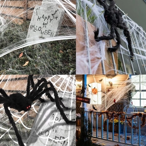 Giant black hairy spider and white cobweb set for Halloween outdoor yard decorations