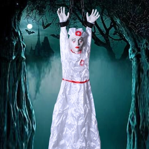 Scary hanging nurse doll with red cross, bloody mask and black chains for Halloween decor