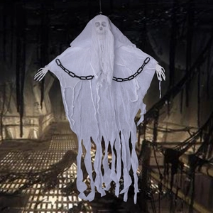Hanging Halloween ghost with tattered white veil, skull face, and chains in a dark room