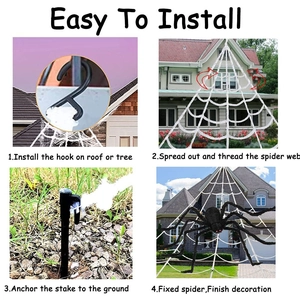 Giant Halloween spider web and large black spider outdoor decoration easy installation kit