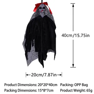 Hanging Halloween ghost bride decoration with black robe and red bow, size 20x20x40cm
