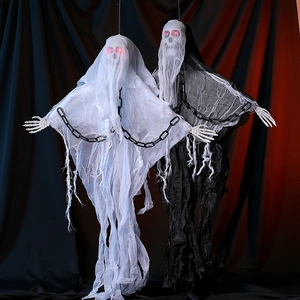Halloween Hanging Glowing Skeleton Ghost Decoration With Red LED Eyes And Plastic Chain Scary Haunted House Prop For Party
