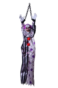 Scary Halloween hanging clown prop with glowing eyes, bloody outfit, and plastic chains