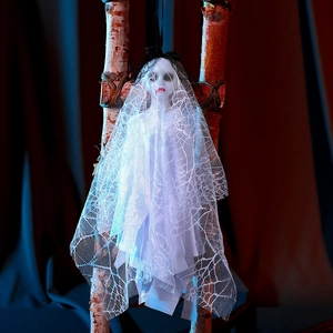 Ghost bride hanging decor with skull face, dark veil and flowing tattered mesh