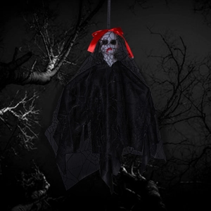 Ghost bride hanging decoration with skull head and red bow for Halloween party decor