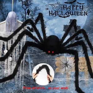 Ragno gigante di peluche nero per Halloween con occhi rossi e zampe flessibili