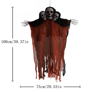 Hanging Halloween ghost decoration with three skulls, red and black gauze, 100cm height
