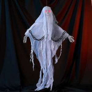 Detail of hanging Halloween ghost with glowing red eyes, white robes and black chains