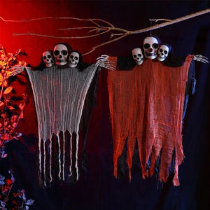 Three-headed Halloween hanging skeletons with gauze robes for haunted house decor