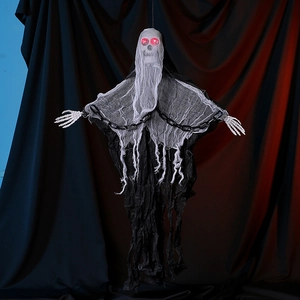 Close-up of Halloween hanging ghost with glowing red eyes and plastic chains detail