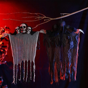 Three-headed Halloween hanging skull ghosts with tattered gauze for spooky decor