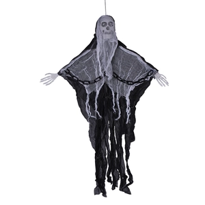 Close-up of Halloween hanging ghost with skull, chains and tattered black shroud fabric