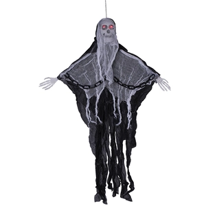 Close-up of Halloween ghost with glowing red eyes, black chains and tattered robes