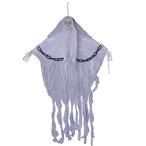 Hanging Halloween ghost with white fabric shroud, skull head, and black plastic chains