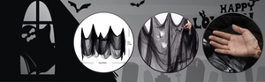 Black spooky Halloween creepy cloth 5x2m, macro view of the mesh texture and DIY cutting process