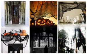 Black scary Halloween decoration cloth shown across various indoor and outdoor spooky scenes