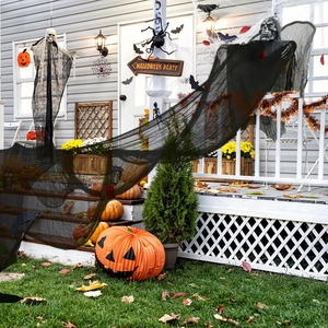Hanging flying ghost with black cloak and Halloween Party sign for spooky porch decor